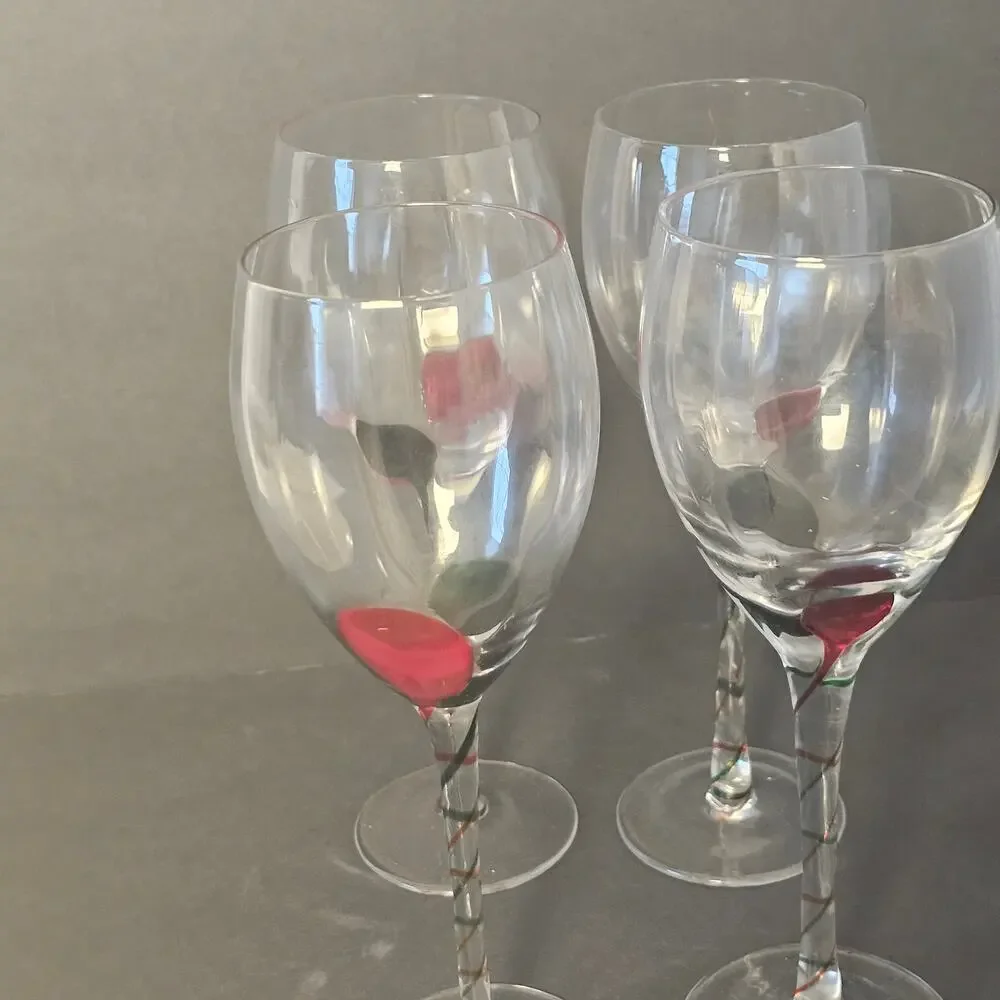 4 PIER 1 OPTIC RED GREEN DROP P1C41 SWIRL STEM WINE GOBLETS 9 1/4”T W BOX UNUSED